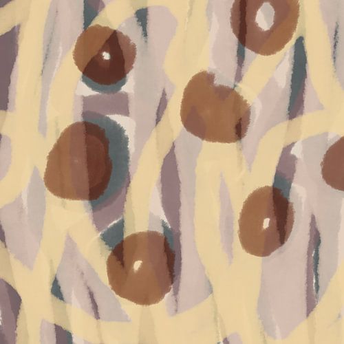 Japandi. Organische vormen in geel, bruin, beige.