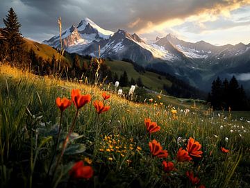 Rote Blumenpracht vor Berggipfeln
