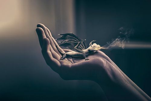 Magische Fotomanipulatie: Babydraakje op de Hand van een Vrouw - Betovering in Uw Interieur