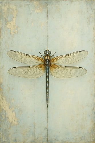 Libelle op vintage blauw | minimalistisch natuurkunstwerk