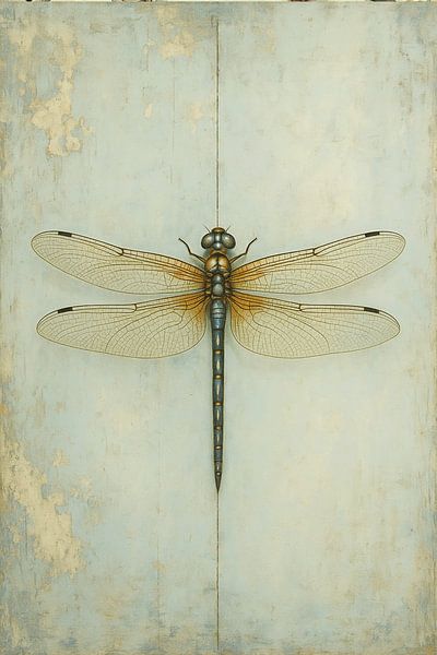 Dragonfly on vintage blue | minimalist nature artwork by Marijke Trienekens