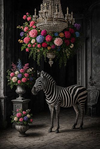 Zebra onder kroonluchter – betoverend bloemenkunstwerk