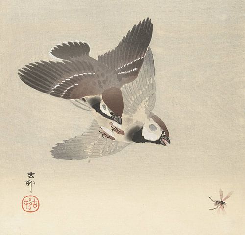 Ringmussen en insect van Ohara Koson