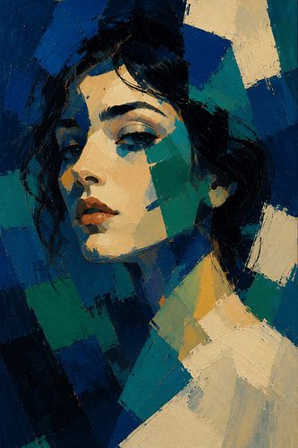 Sapphire Fragmented Portrait – Hedendaagse kubistische blauwe wanddecoratie