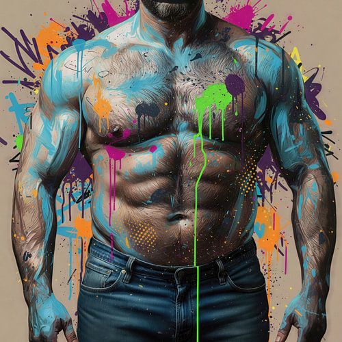 Gespierd bovenlichaam met verfspatten in jeans