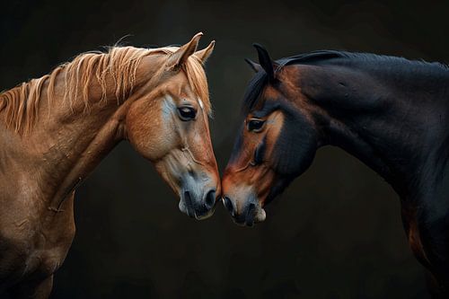 Twee paarden in donkere omgeving