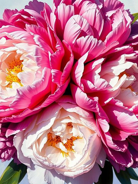 Pivoines roses et blanches vibrantes : Une vue rapprochée de fleurs luxuriantes et romantiques par Artistic
