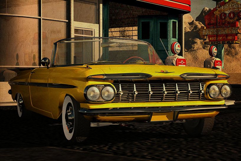 Chevrolet Impala Hard Top 1959 at an old petrol station by Jan Keteleer (JanKé): A Journey Beyond the Canvas