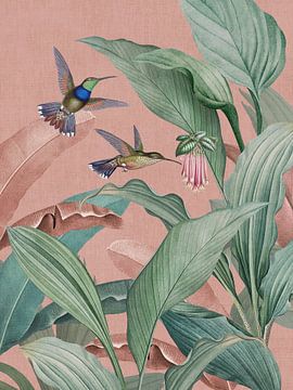 Vintage kolibries en tropische jungle bladeren en exotische bloemen roze van Bloomery Decor