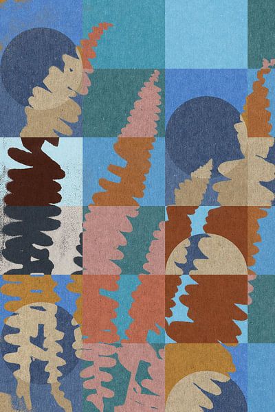 Modern abstract botanical art. Fern leaves on geometric pattern in retro colors 1 by Dina Dankers