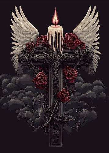 Croix avec ailes, bougie et roses dans une scène sombre