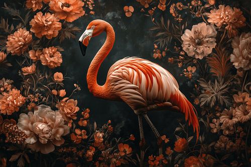Flamingo in Lush Baroque Flowers by Eva Lee
