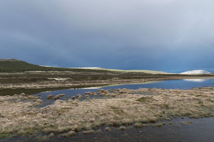 Paysage de montagne éclairé par la lumière norvégienne avec de l'eau et un ciel sombre par Bianca Kums