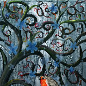 Kräuselbaum mit blauen Blüten und Rotkehlchen von Bianca Wisseloo