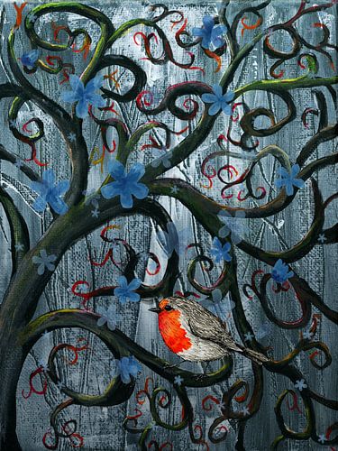 Krulboom met blauwe bloemen en roodborstje