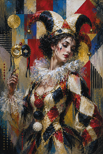 An elegant female harlequin in cubist style.