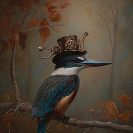 Steampunk-Eisvogel mit mechanischem Hut im Herbstwald von But First Framing