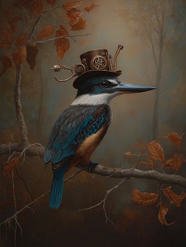 Steampunk-Eisvogel mit mechanischem Hut im Herbstwald