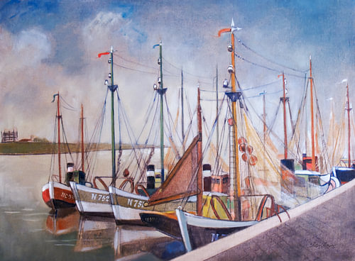 Vissersboten in de haven van Nieuwpoort – olieverfschilderij van Pieter Ringoot