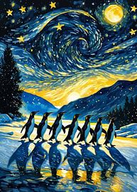 Seven Penguins Walking — Starry Night Theme