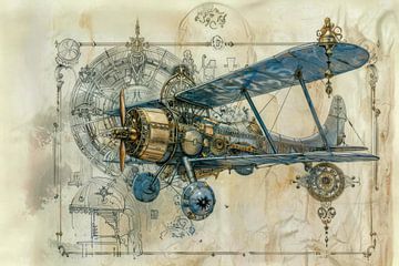 Gedetailleerde tekening van een vintage tweedekker vliegtuig -  van Peter Pen tekeningen en schilderijen