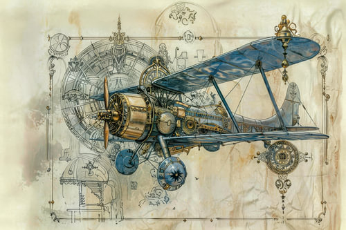 Detailed drawing of a vintage biplane - 