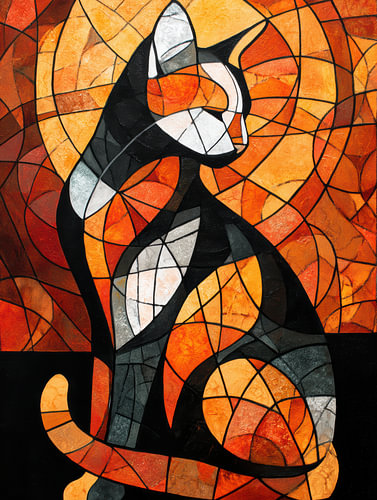 Stained glass cat in warm orange and black tones