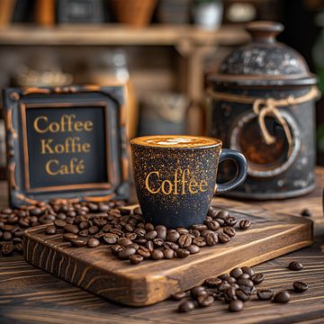 Kaffeetasse mit Kaffeebohnen auf Tablett in Kaffeebar von Margriet Hulsker