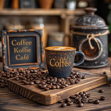 coffee cup with coffee beans on tray in coffee bar by Margriet Hulsker