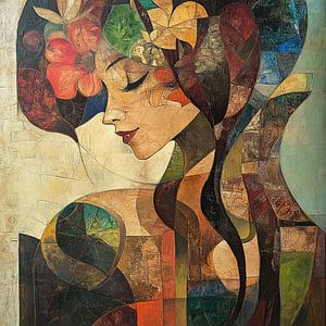 Schilderij van Vrouw met Abstracte Bloemen