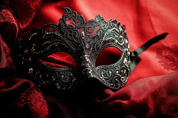 Elegant zwart masker op rood doek van Poster Art Shop