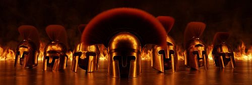 Casques grecs antiques de Sparte éclairés par le feu