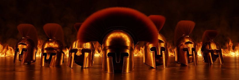 Ancient Greek Sparta helmets illuminated by fire by Besa Art
