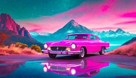 Roze auto in het landschap