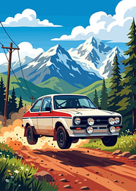 Une voiture de rallye vintage effectuant un saut sur un chemin de terre près de montagnes enneigées