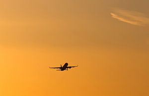Flugzeug startet in den Sonnenuntergang