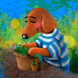 Dachshund Tobie loves gardening by Linda van Putten