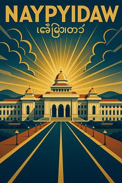 Naypyidaw Vintage Poster - Parlamentsgebäude & Grand Boulevard Kunst