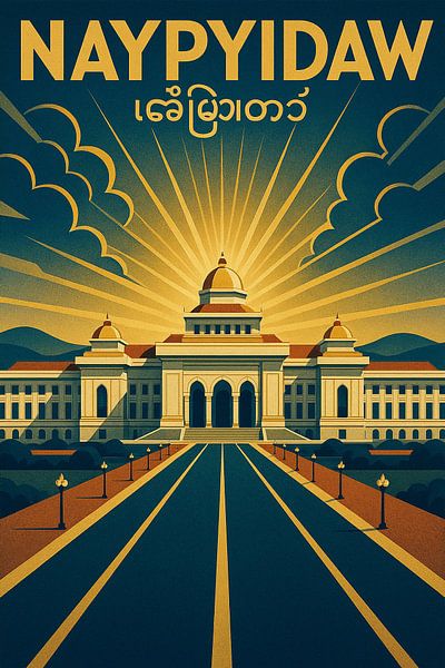 Naypyidaw Vintage Poster - Parlamentsgebäude &amp; Grand Boulevard Kunst von Travel Shop