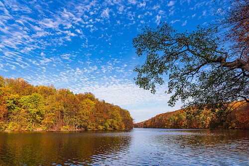 Blick über den See Schmaler Luzin auf die herbstliche Feldberge