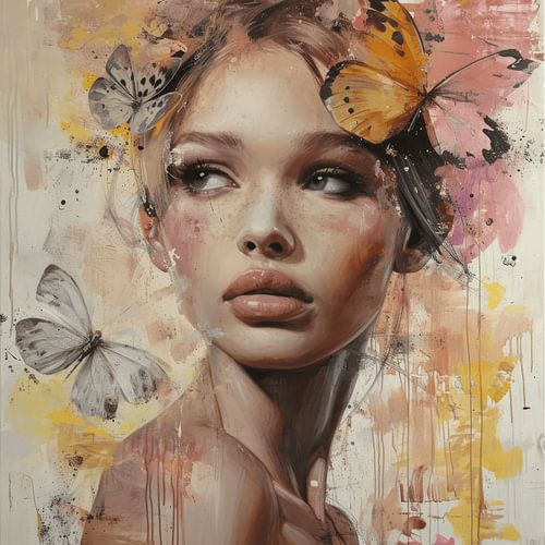 Portret in pastelkleuren, collage stijl