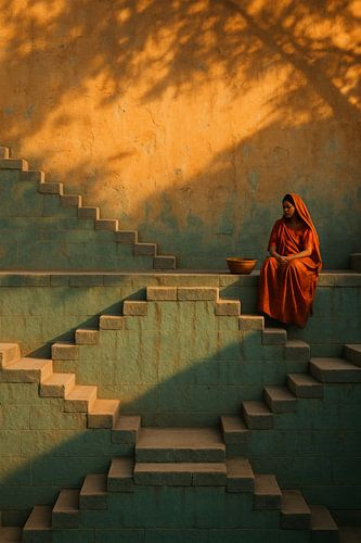Femme en robe rouge dans la cage d'escalier - lumière du soleil et ombres dans un décor intemporel