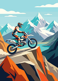 Motocross rider balancing atop rocky mountain cliff above lake by Adam Khabibi