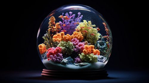 Récif de corail coloré avec des poissons dans une boule de verre