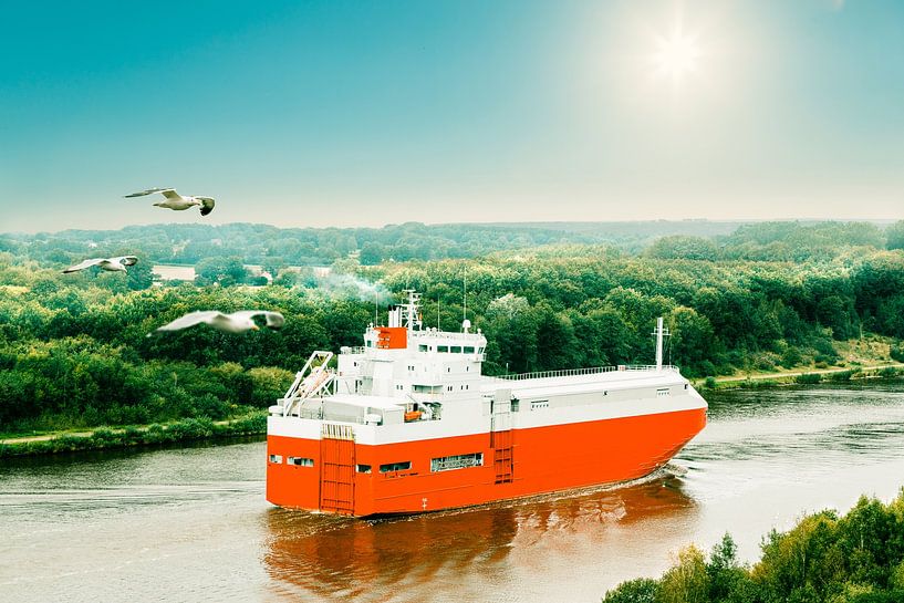 Bateau sur le canal Nord-Ostsee en contre-jour dans un beau paysage par Jürgen Neugebauer | createyour.photo