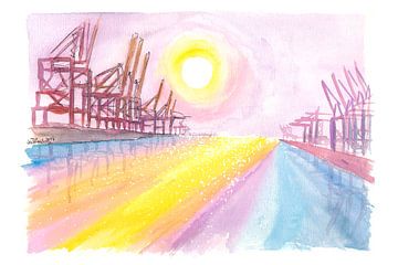 Kranen in de haven van Hamburg bij zonsondergang van Markus Bleichner
