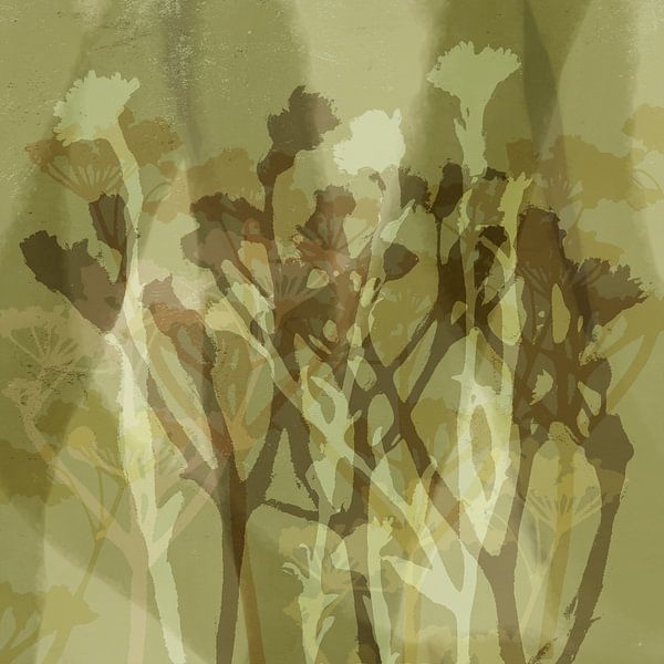 Abstract retro botanical art in camo green and brown by Dina Dankers