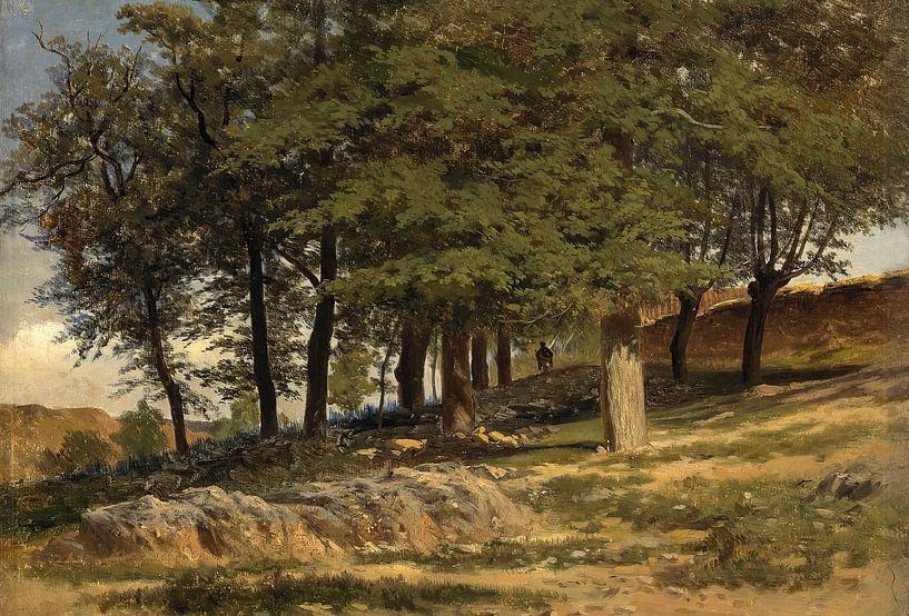 Carlos de Haes-a forest.Stone monastery,Antique landscape by finemasterpiece