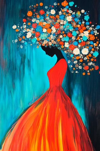 Vrouw met bloemenmuts in rood en blauw