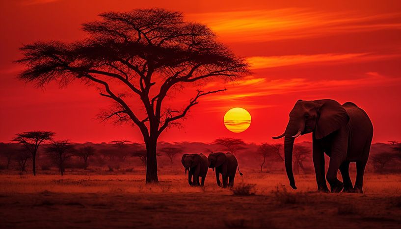 Elephants in africa at sunset panorama red-orange by TheXclusive Art